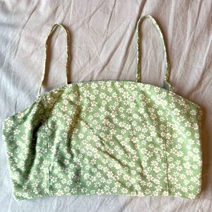 LA Hearts Daisy Print Smocked Crop Top Green White Yellow Spaghetti Strap Small